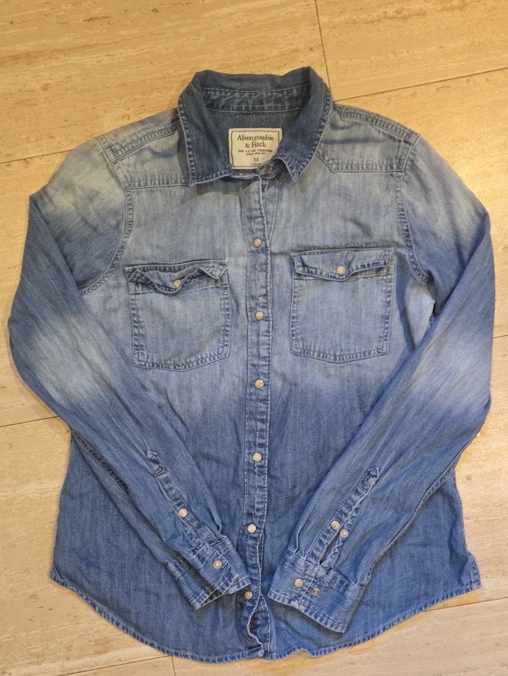 Abercrombie & Fitch Stone-Washed Blue Denim Snap Down Shirt